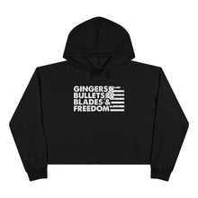 Load image into Gallery viewer, Gingers, Bullets, Blades & Freedom Crop Hoodie — Women's Graphic Crop Hoodie