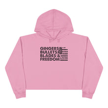 Load image into Gallery viewer, Gingers, Bullets, Blades & Freedom Crop Hoodie — Women's Graphic Crop Hoodie