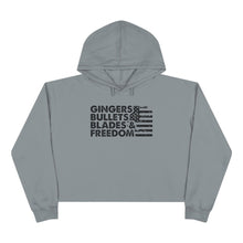 Load image into Gallery viewer, Gingers, Bullets, Blades & Freedom Crop Hoodie — Women's Graphic Crop Hoodie
