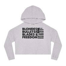 Load image into Gallery viewer, Blondes, Bullets, Blades & Freedom - Adult Women's Crop Hoodie