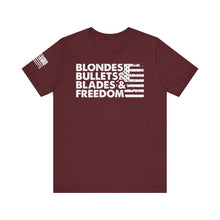 Load image into Gallery viewer, Blondes, Bullets, Blades & Freedom - Adult Men's and Women's (Unisex) T-Shirt