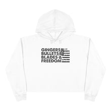 Load image into Gallery viewer, Gingers, Bullets, Blades & Freedom Crop Hoodie — Women's Graphic Crop Hoodie