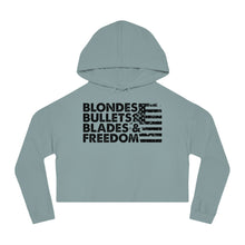 Load image into Gallery viewer, Blondes, Bullets, Blades & Freedom - Adult Women's Crop Hoodie