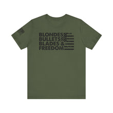 Load image into Gallery viewer, Blondes, Bullets, Blades & Freedom - Adult Men's and Women's (Unisex) T-Shirt