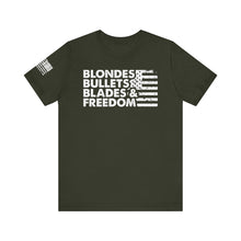 Load image into Gallery viewer, Blondes, Bullets, Blades & Freedom - Adult Men's and Women's (Unisex) T-Shirt