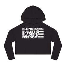 Load image into Gallery viewer, Blondes, Bullets, Blades & Freedom - Adult Women's Crop Hoodie