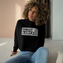 Load image into Gallery viewer, Gingers, Bullets, Blades & Freedom Crop Hoodie — Women's Graphic Crop Hoodie