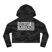 Load image into Gallery viewer, Blondes, Bullets, Blades & Freedom - Adult Women's Crop Hoodie